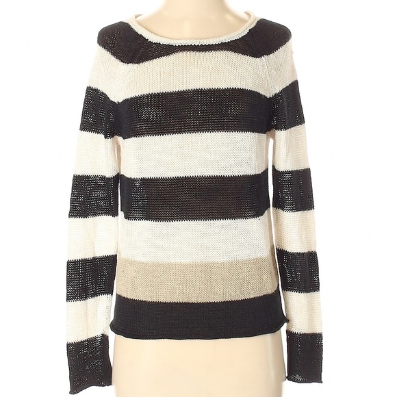 Aqua Lightweight Black & White Broad Stripe Linen Blend Knit Pullover Sweater - Picture 3 of 9